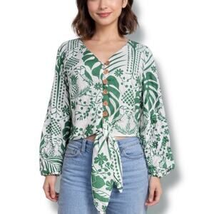 Maison d’Amélie Paris Green Tropical Linen Tie Front Blouse Small Vacation